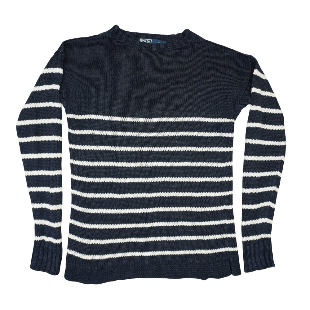 Polo Ralph Lauren Sweater Womens M Navy Blue White Striped Linen Knit Nautical